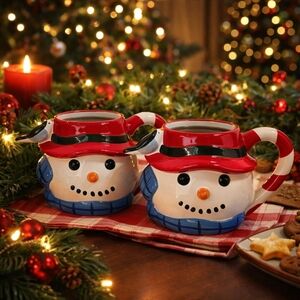 Vintage Snowman Coffee Mug Set 2 Collectible Novelty Winter Cocoa Coffee Mug